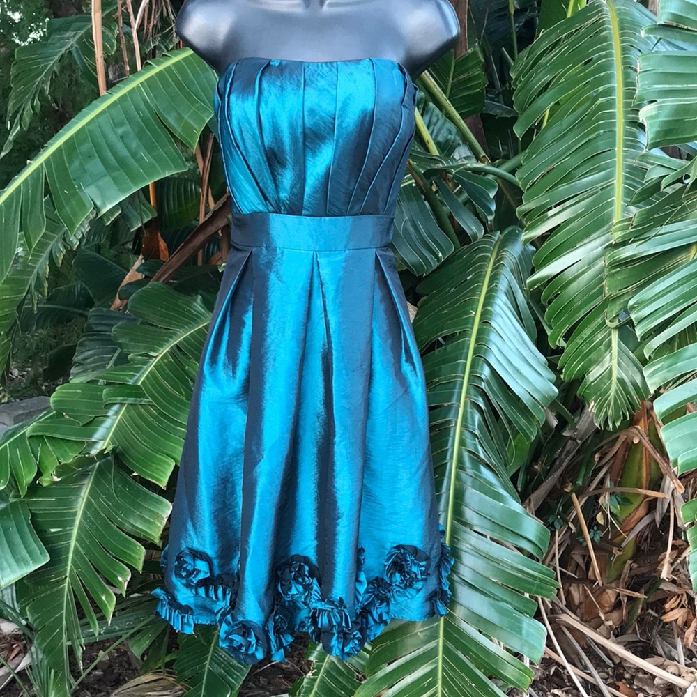 b2 Strapless chilean blue metallic dress with rosettes